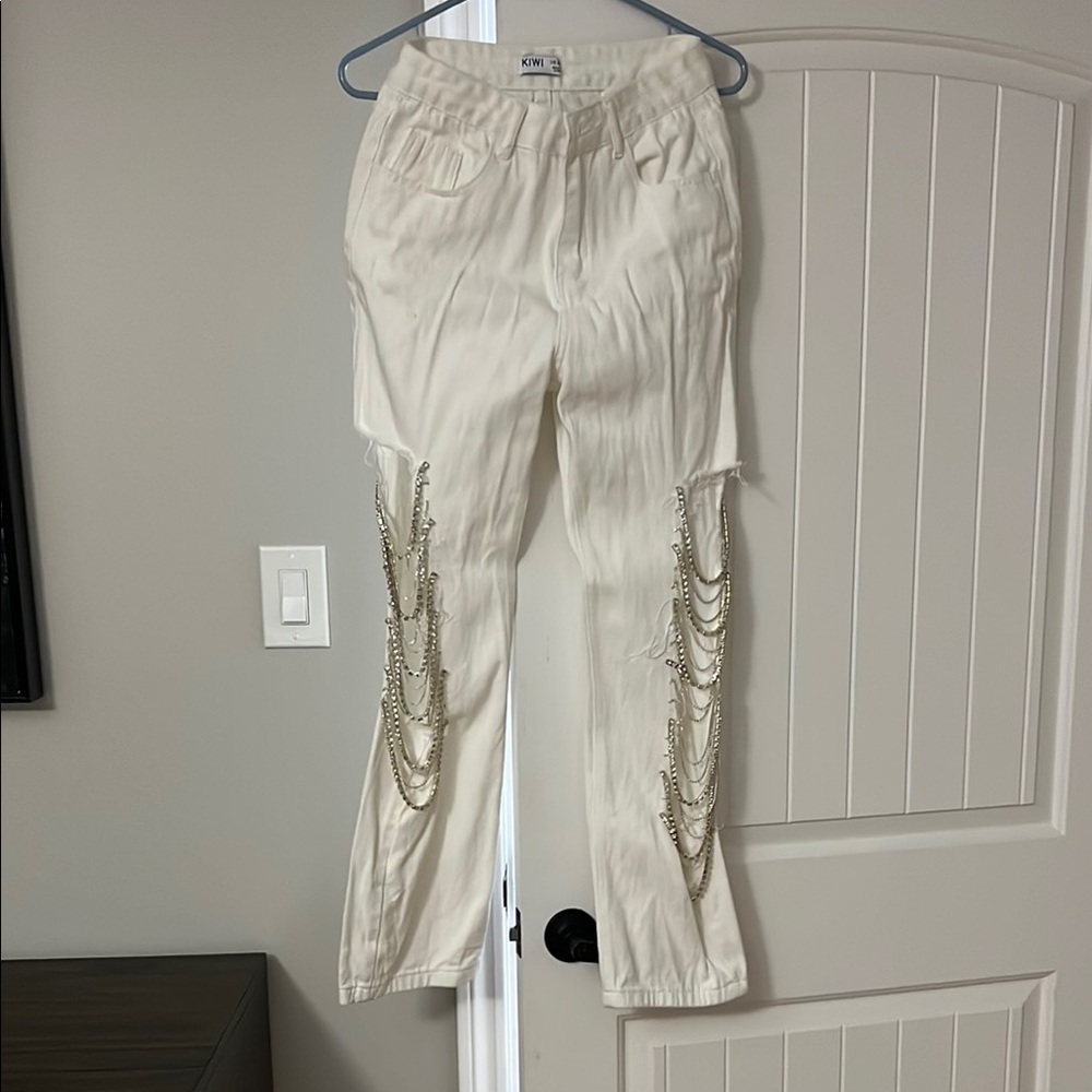White Chain-Embellished Pants